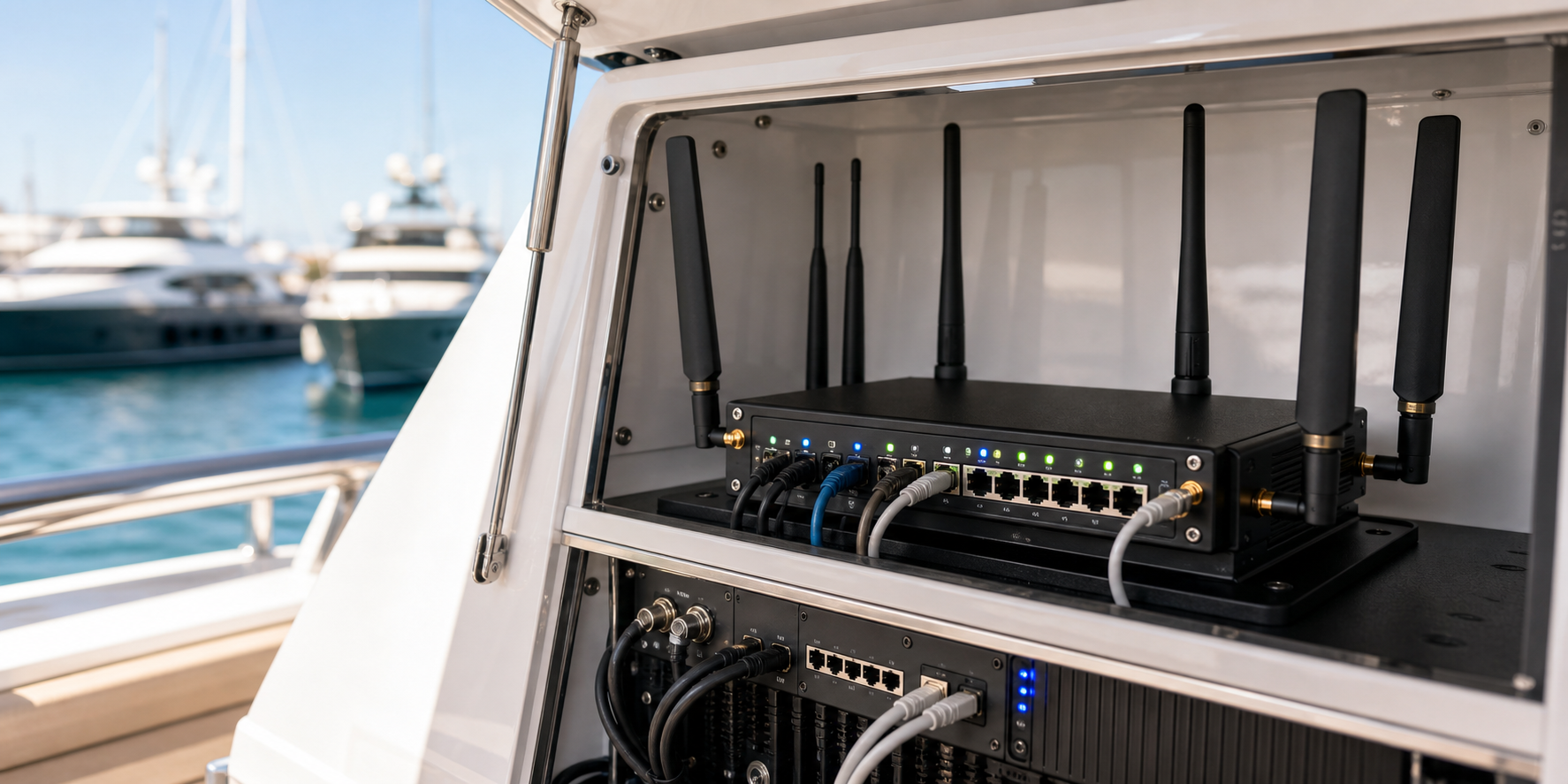 Peplink routing hardware installed onboard a yacht